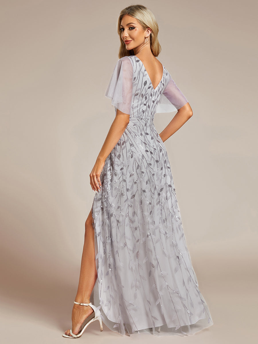 Short Sleeves Sequin High Low V-Neck Midi Formal Evening Dress #color_Silver