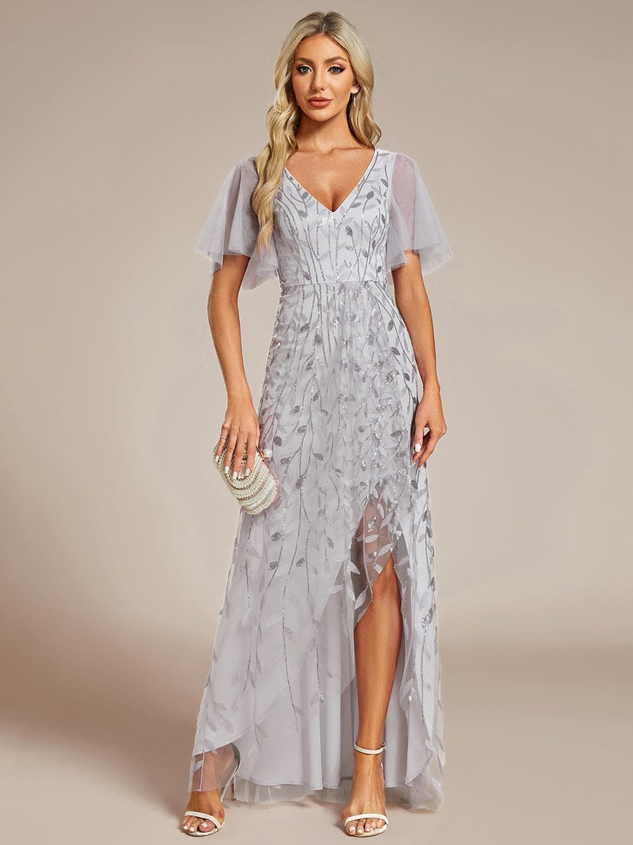 Short Sleeves Sequin High Low V-Neck Midi Formal Evening Dress #color_Silver