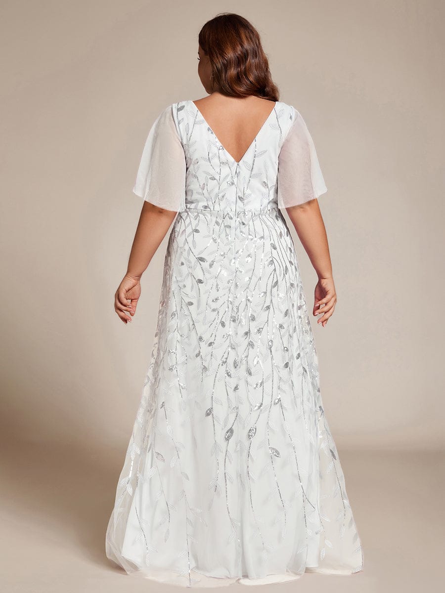 Plus Size Short Sleeves Sequin High Low V-Neck Midi Formal Evening Dress #color_White
