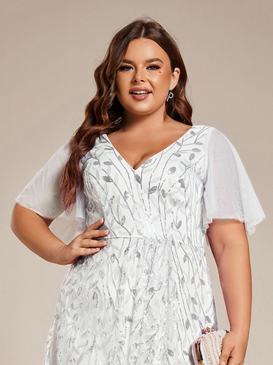 Plus Size Short Sleeves Sequin High Low V-Neck Midi Formal Evening Dress #color_White