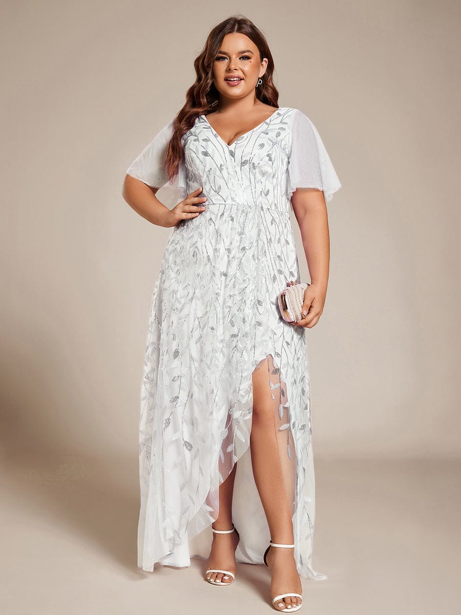 Short Sleeves Sequin High Low V-Neck Midi Formal Evening Dress #color_White