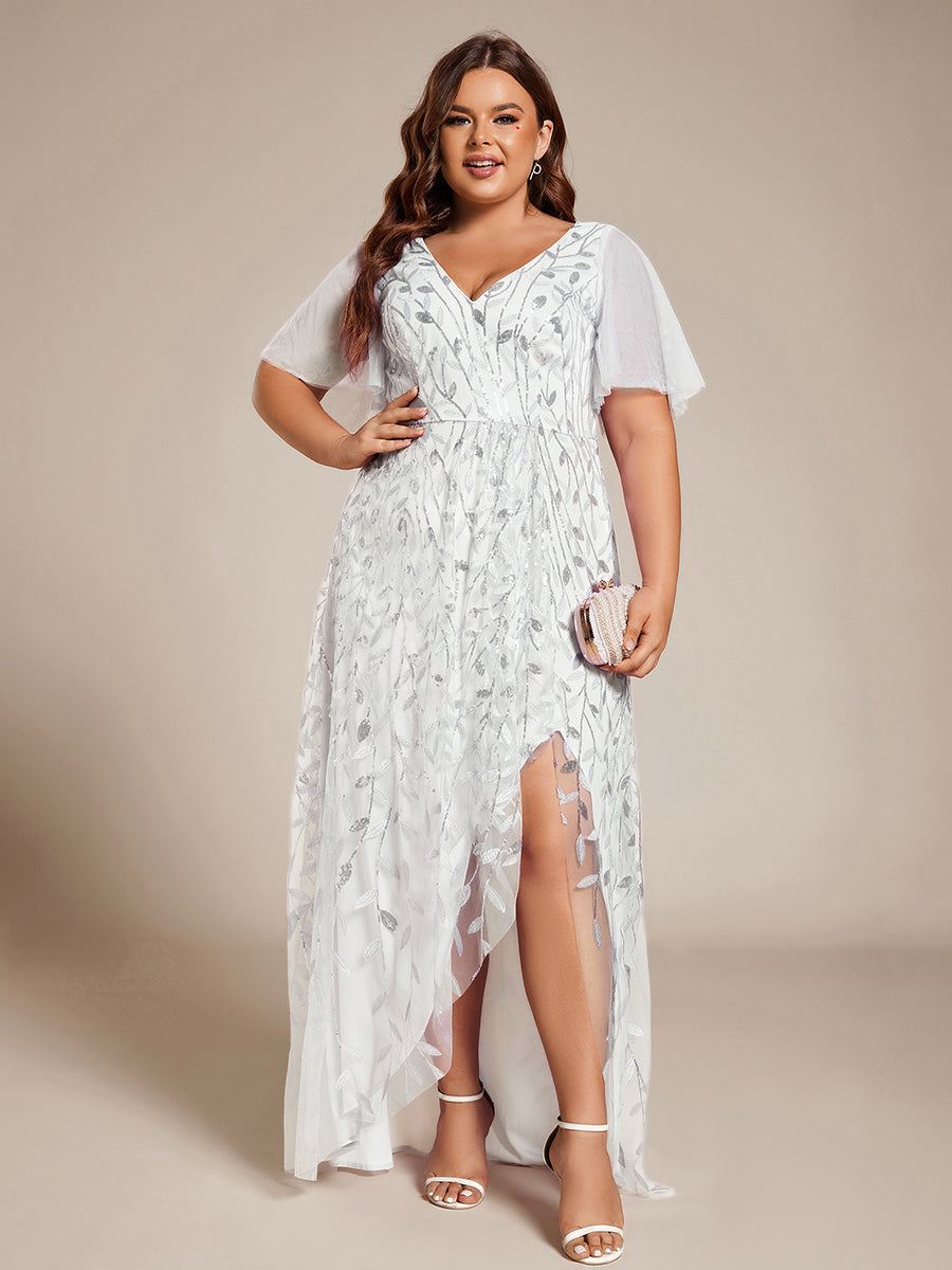 Plus Size Short Sleeves Sequin High Low V-Neck Midi Formal Evening Dress #color_White