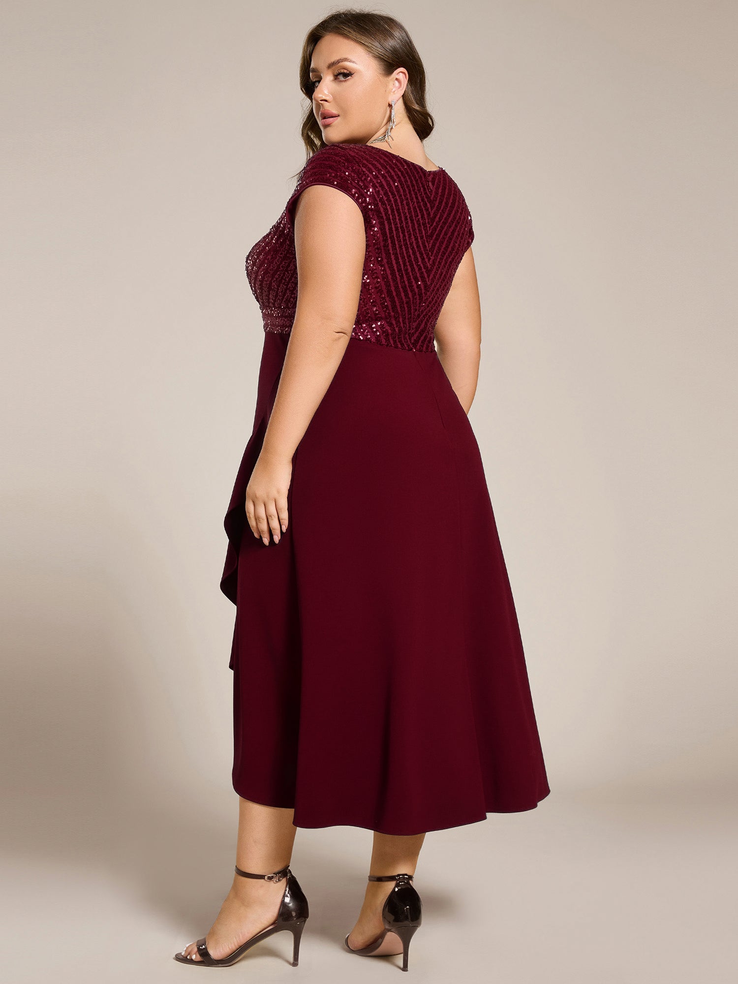 Short Sleeve V-Neck Midi Sequin Formal Dress with Chiffon #color_Burgundy
