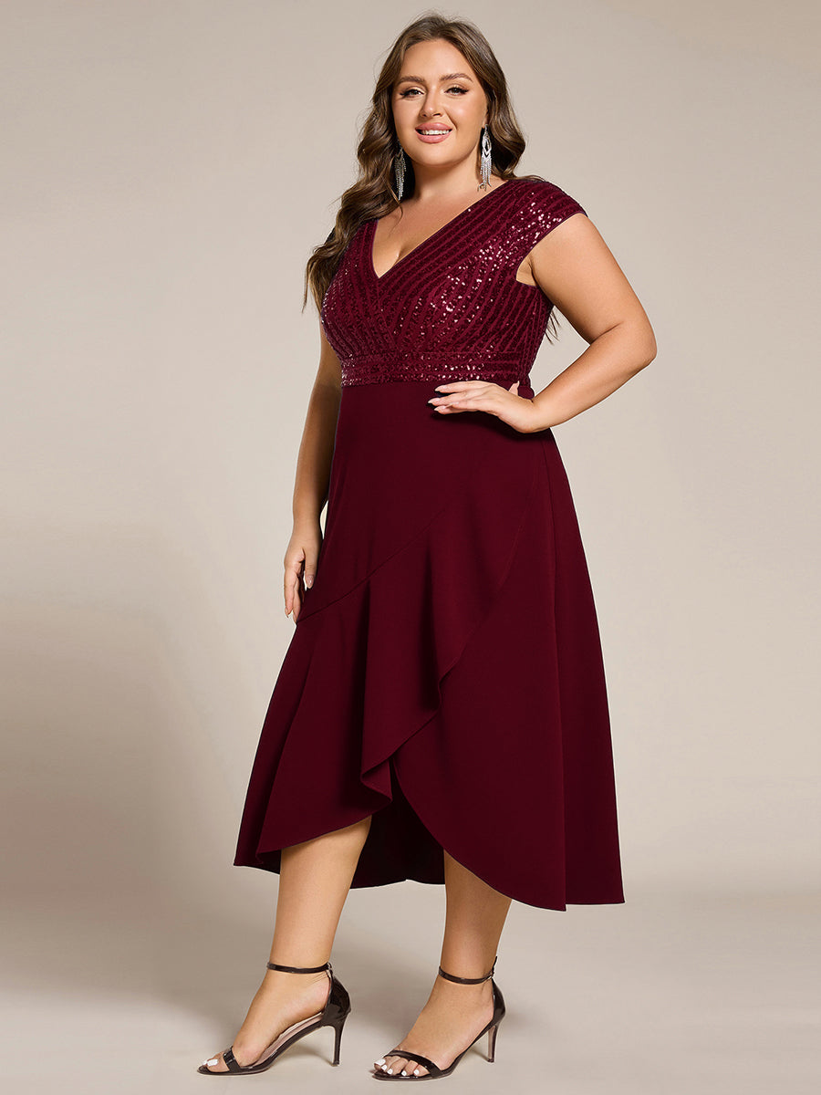 Plus Size Sequin Bodice V-Neck Midi Chiffon Formal Dress #color_Burgundy