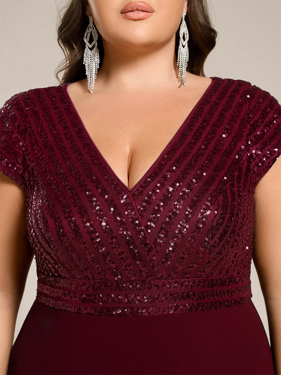 Plus Size Sequin Bodice V-Neck Midi Chiffon Formal Dress #color_Burgundy