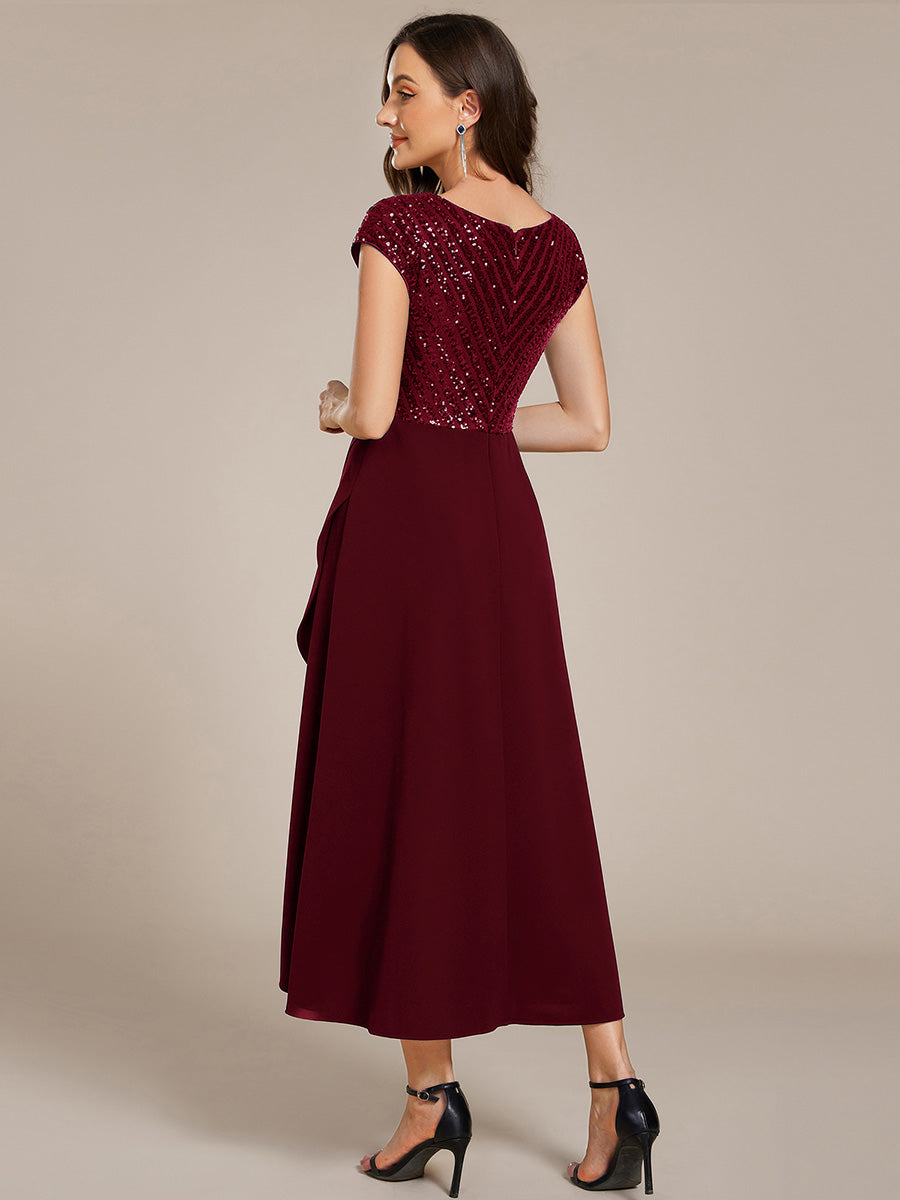 Short Sleeve V-Neck Midi Sequin Formal Dress with Chiffon #color_Burgundy