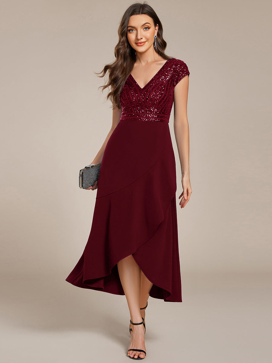 Short Sleeve V-Neck Midi Sequin Formal Dress with Chiffon #color_Burgundy