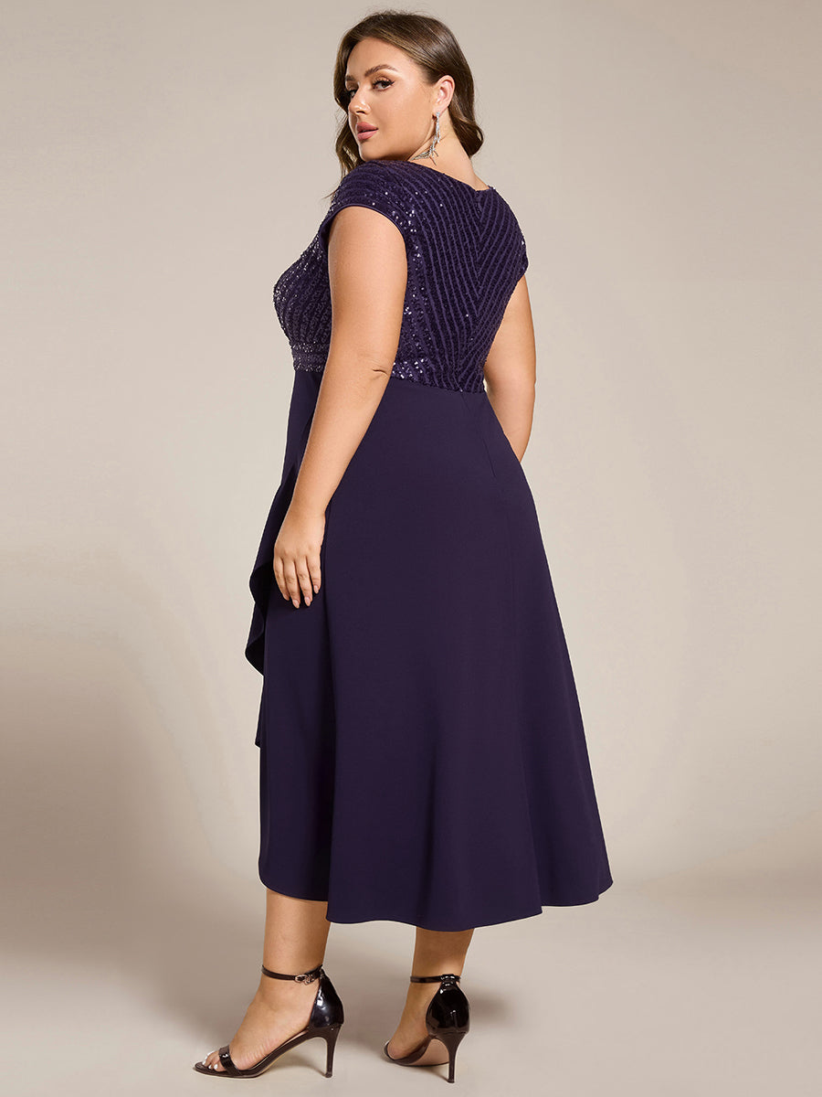 Plus Size Sequin Bodice V-Neck Midi Chiffon Formal Dress #color_Dark Purple
