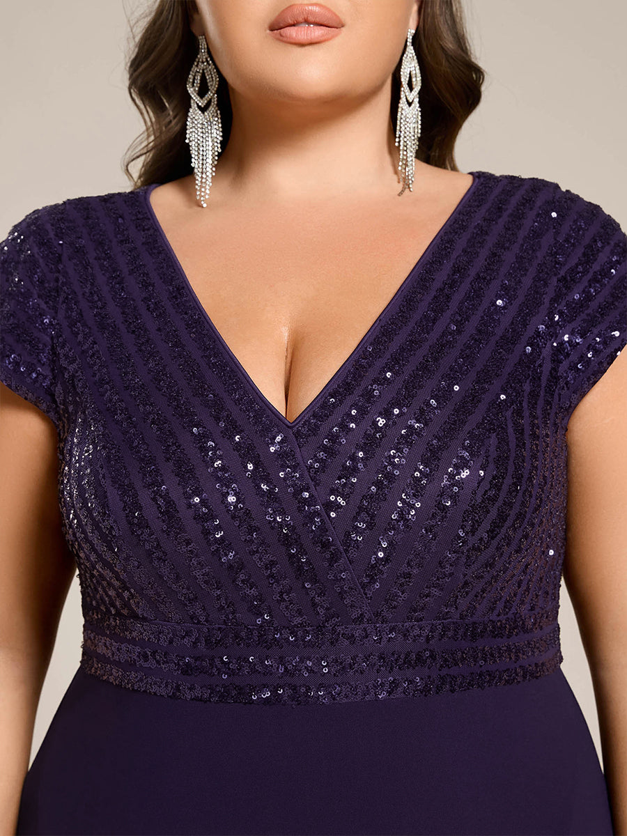 Plus Size Sequin Bodice V-Neck Midi Chiffon Formal Dress #color_Dark Purple