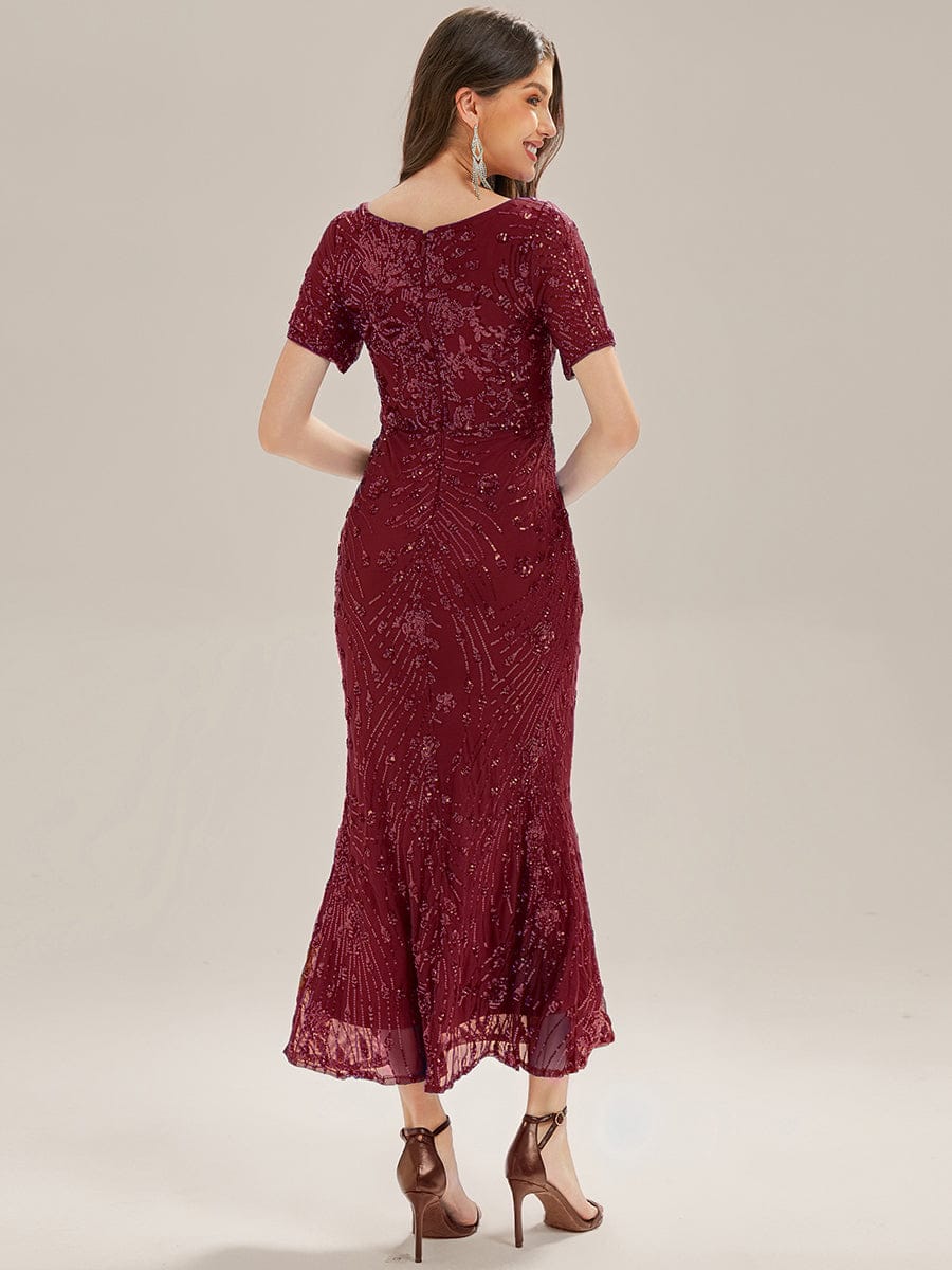 Sequin Mermaid Round Neck Dress #color_Burgundy