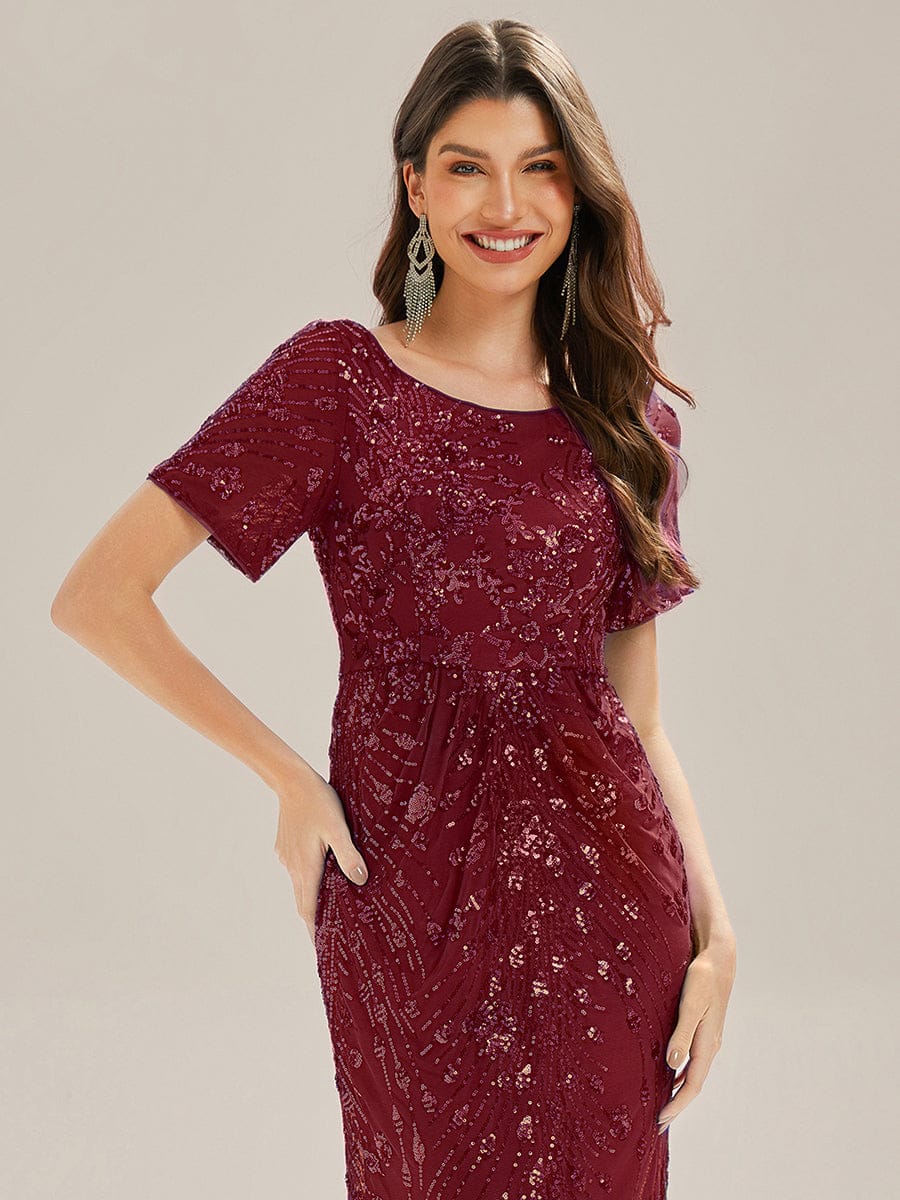 Sequin Mermaid Round Neck Dress #color_Burgundy