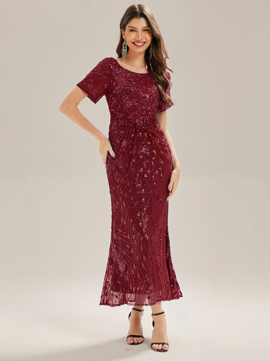 Sequin Mermaid Round Neck Dress #color_Burgundy