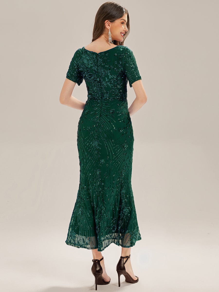 Sequin Mermaid Round Neck Dress #color_Dark Green