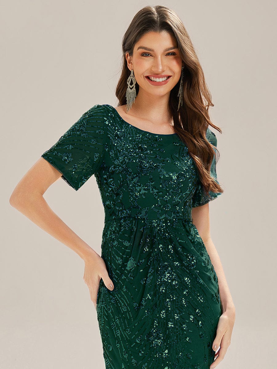 Sequin Mermaid Round Neck Dress #color_Dark Green