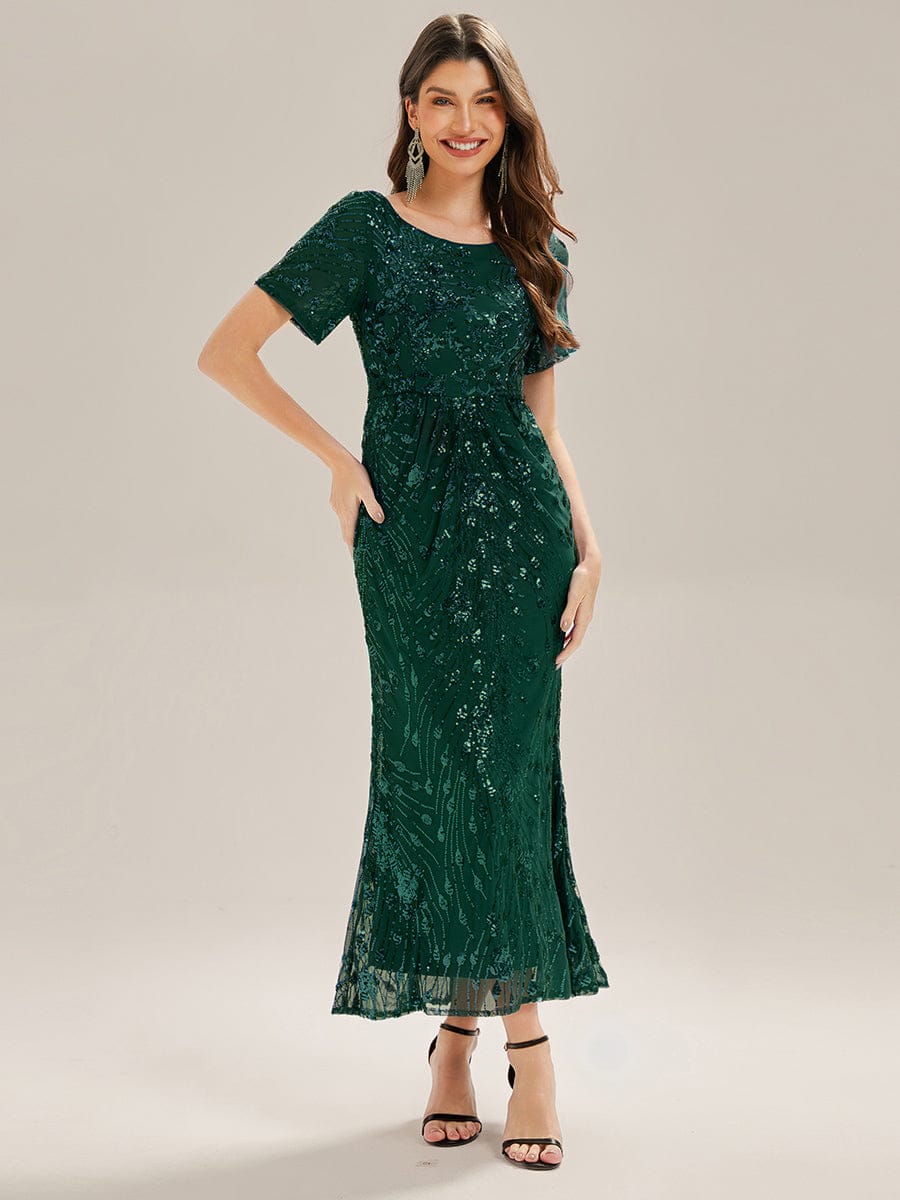 Sequin Mermaid Round Neck Dress #color_Dark Green