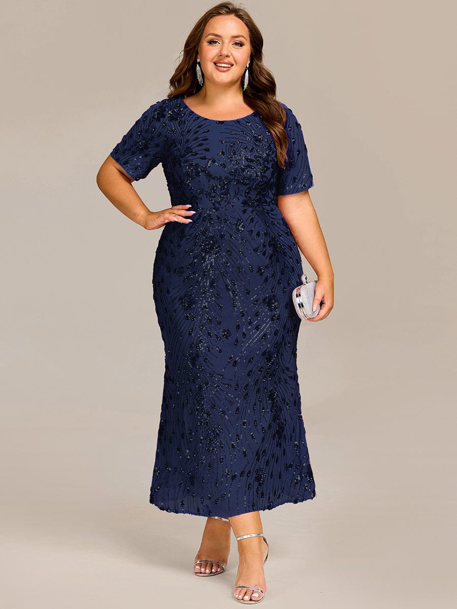 Sequin Mermaid Round Neck Dress #color_Navy Blue