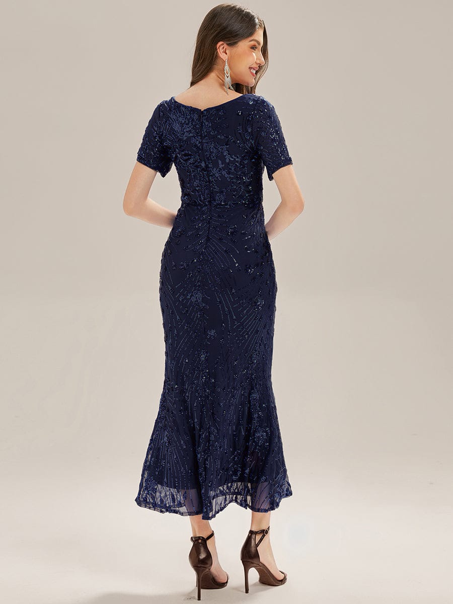 Sequin Mermaid Round Neck Dress #color_Navy Blue
