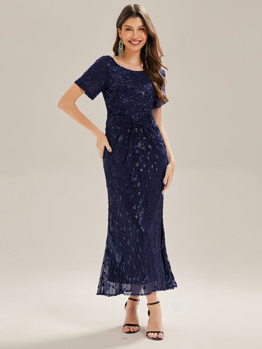 Sequin Mermaid Round Neck Dress #color_Navy Blue