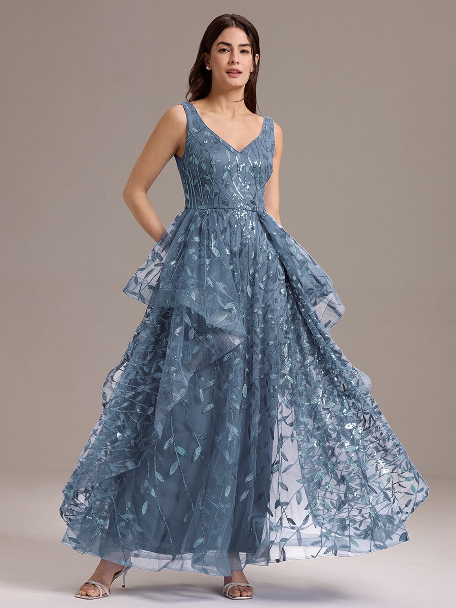 Double V-Neck A-Line Layered Sequin Formal Dress #color_Dusty Blue