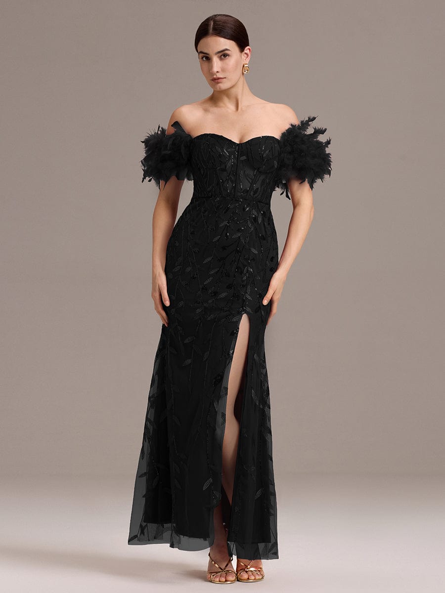 Off-Shoulder Feather Sleeve A-Line High Split Backless Sequin Formal Dress #color_Black