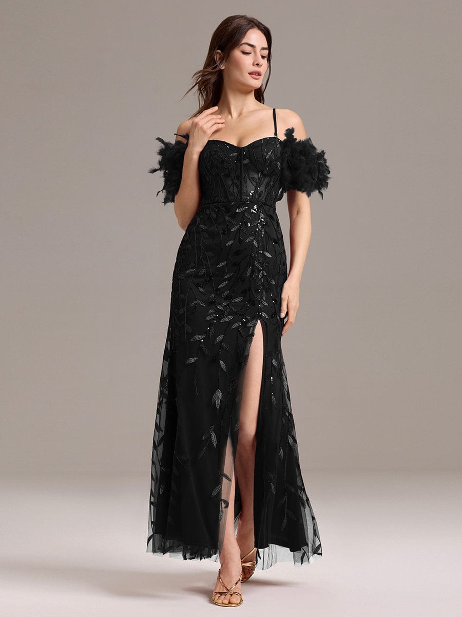 Off-Shoulder Feather Sleeve A-Line High Split Backless Sequin Formal Dress #color_Black