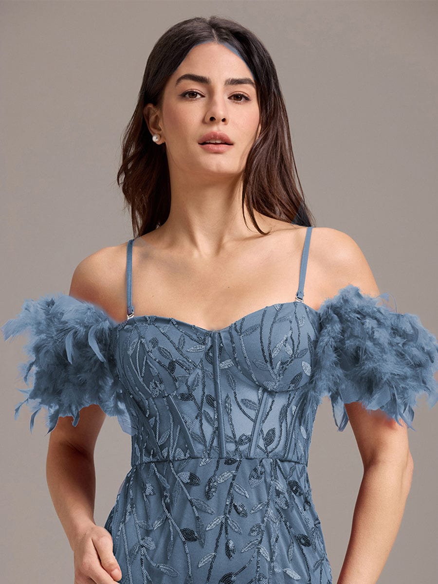 Off-Shoulder Feather Sleeve A-Line High Split Backless Sequin Formal Dress #color_Dusty Blue