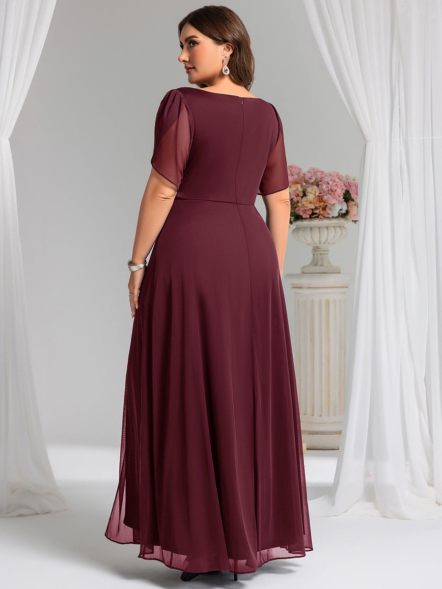 Chiffon A-Line Ruffle Sleeve Evening Dress #color_Burgundy
