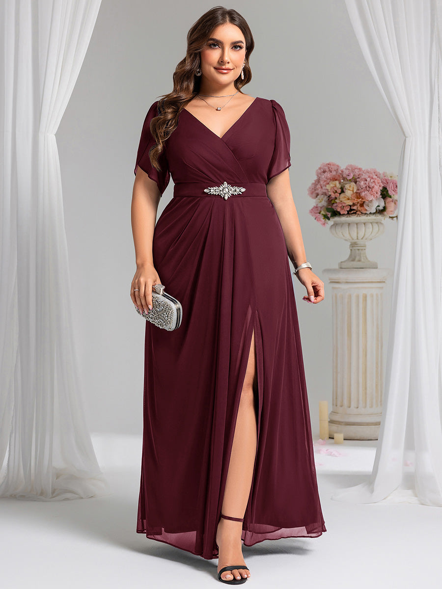Chiffon A-Line Ruffle Sleeve Evening Dress #color_Burgundy