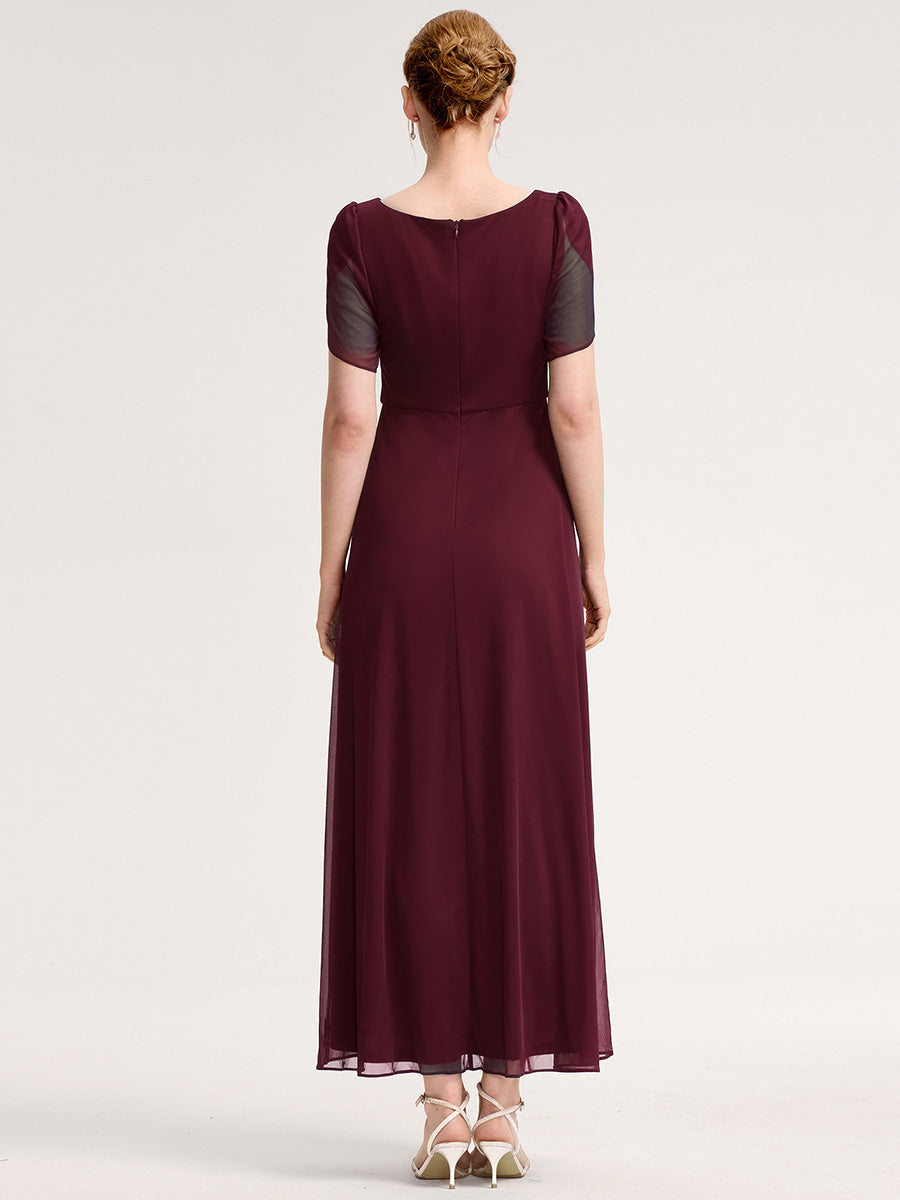 Chiffon A-Line Ruffle Sleeve Evening Dress #color_Burgundy