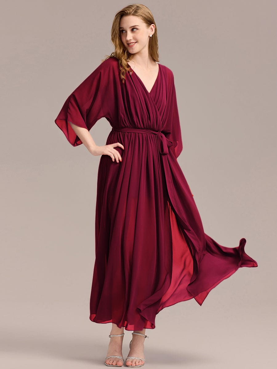 Slit Chiffon Tie-Front Formal Dress #color_Burgundy