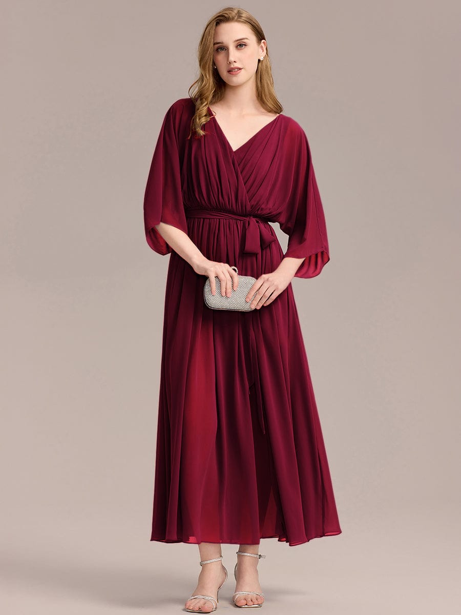 Slit Chiffon Tie-Front Formal Dress #color_Burgundy