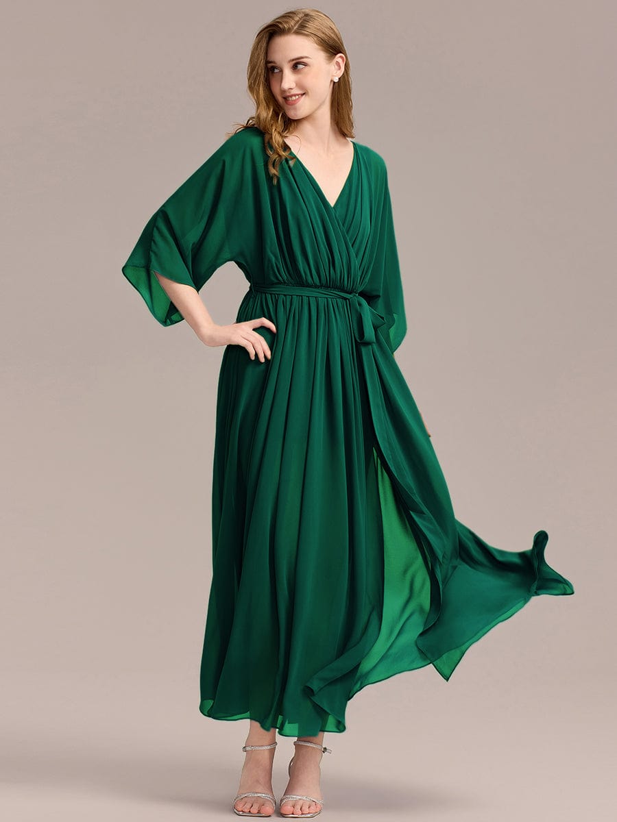 Slit Chiffon Tie-Front Formal Dress #color_Dark Green