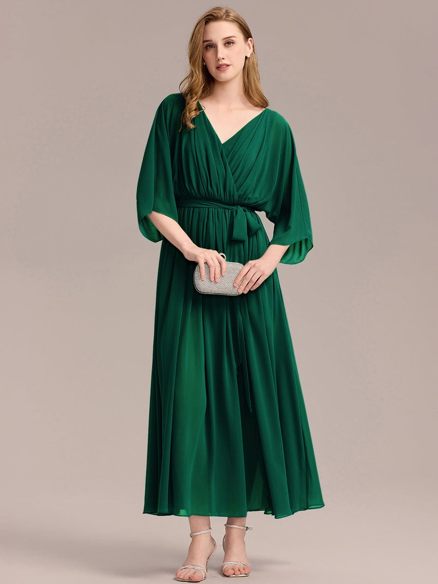 Slit Chiffon Tie-Front Formal Dress #color_Dark Green