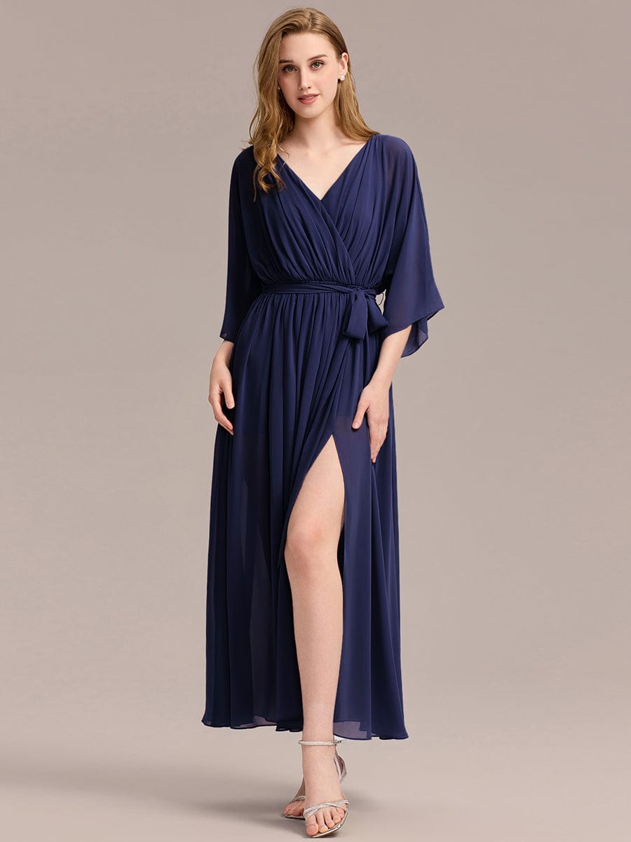 Slit Chiffon Tie-Front Formal Dress #color_Navy Blue
