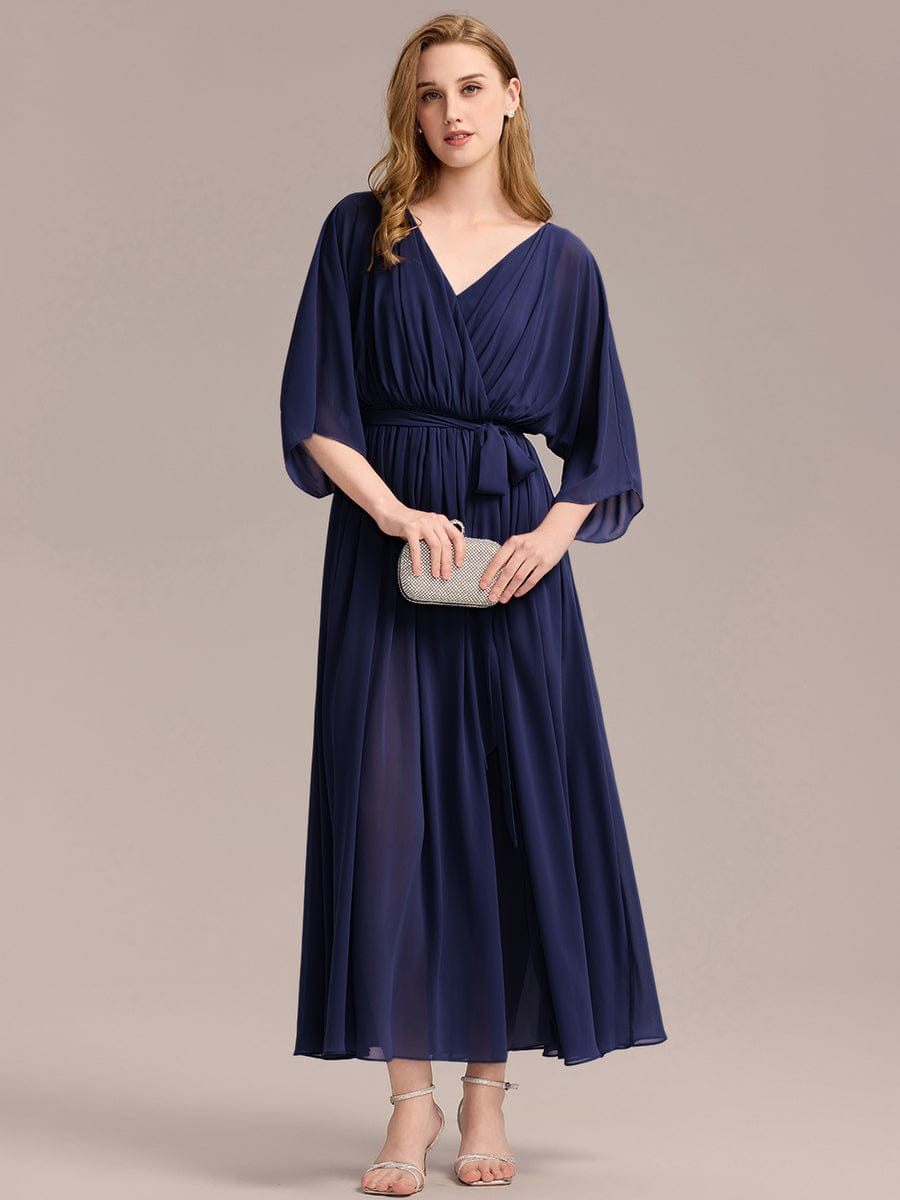 Slit Chiffon Tie-Front Formal Dress #color_Navy Blue
