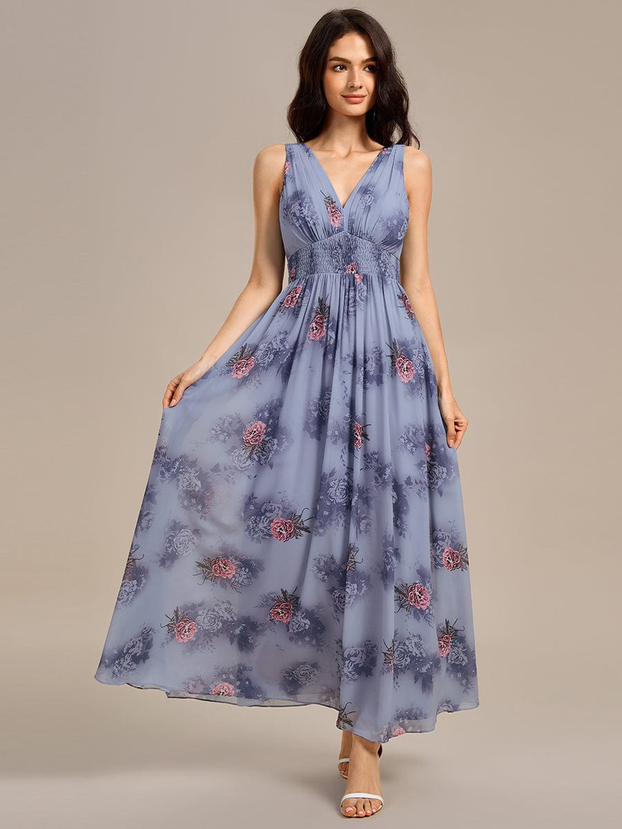 Double V Neck Empire Waist Floral Sleeveless Maxi Formal Dress #color_Dusty Peony