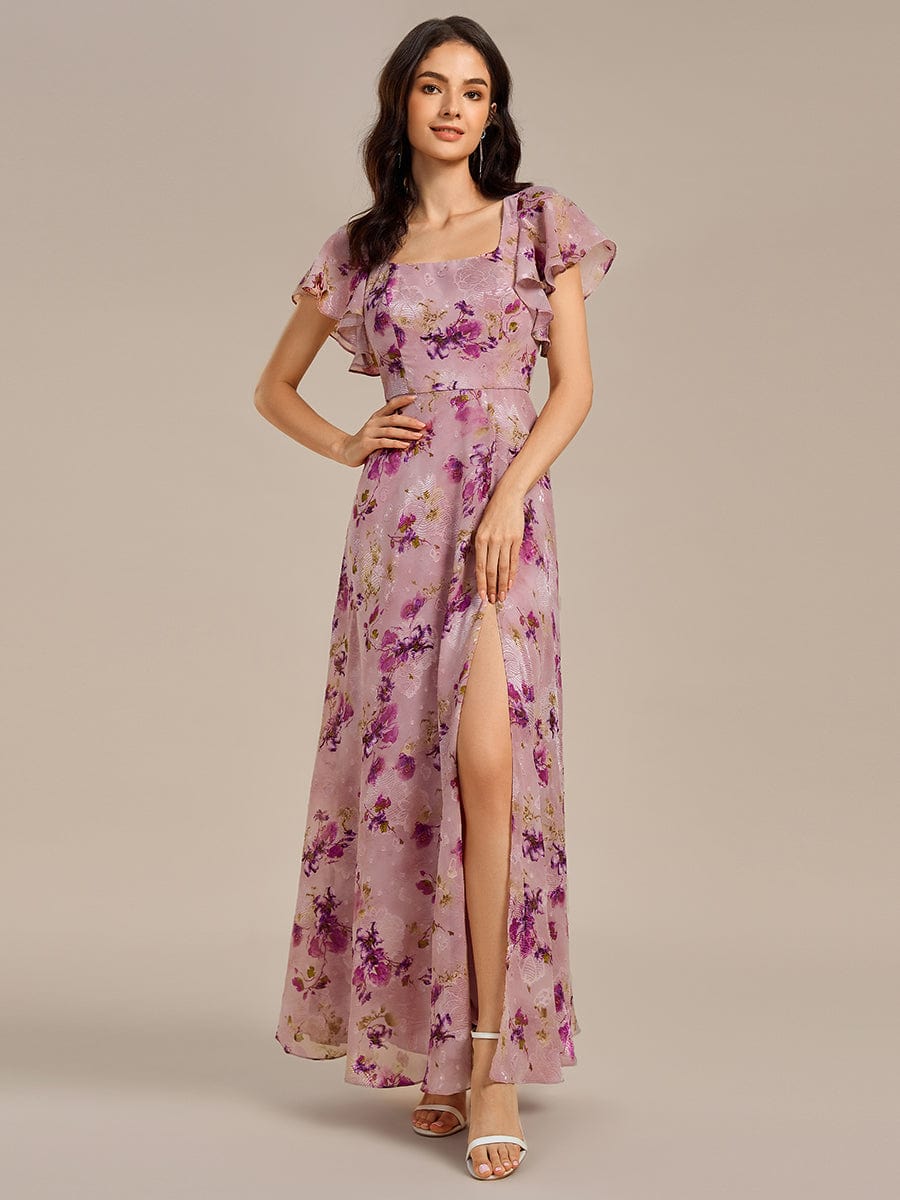 Floral Print Flutter Sleeve Side Split Maxi Formal Dresses #color_Light Purple Print