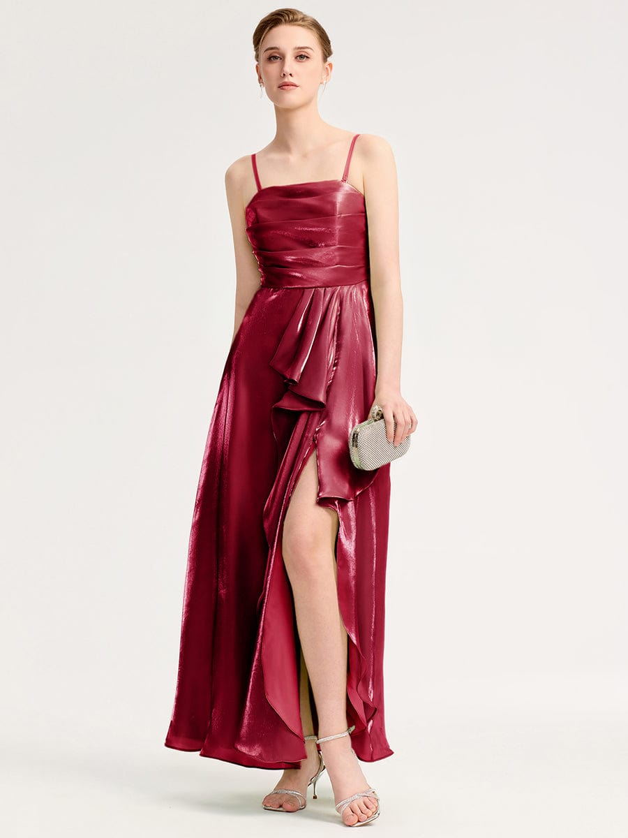 Slit Satin Sleeveless Evening Dresses #color_Burgundy