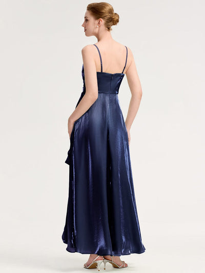 Slit Satin Sleeveless Evening Dresses #color_Navy Blue