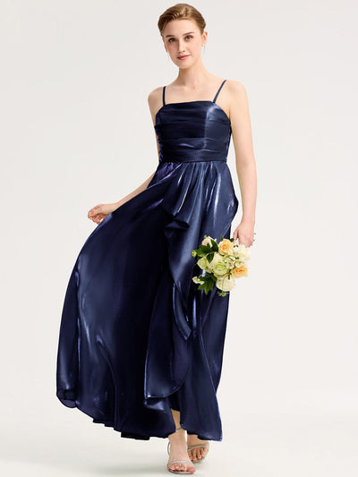 Slit Satin Sleeveless Evening Dresses #color_Navy Blue