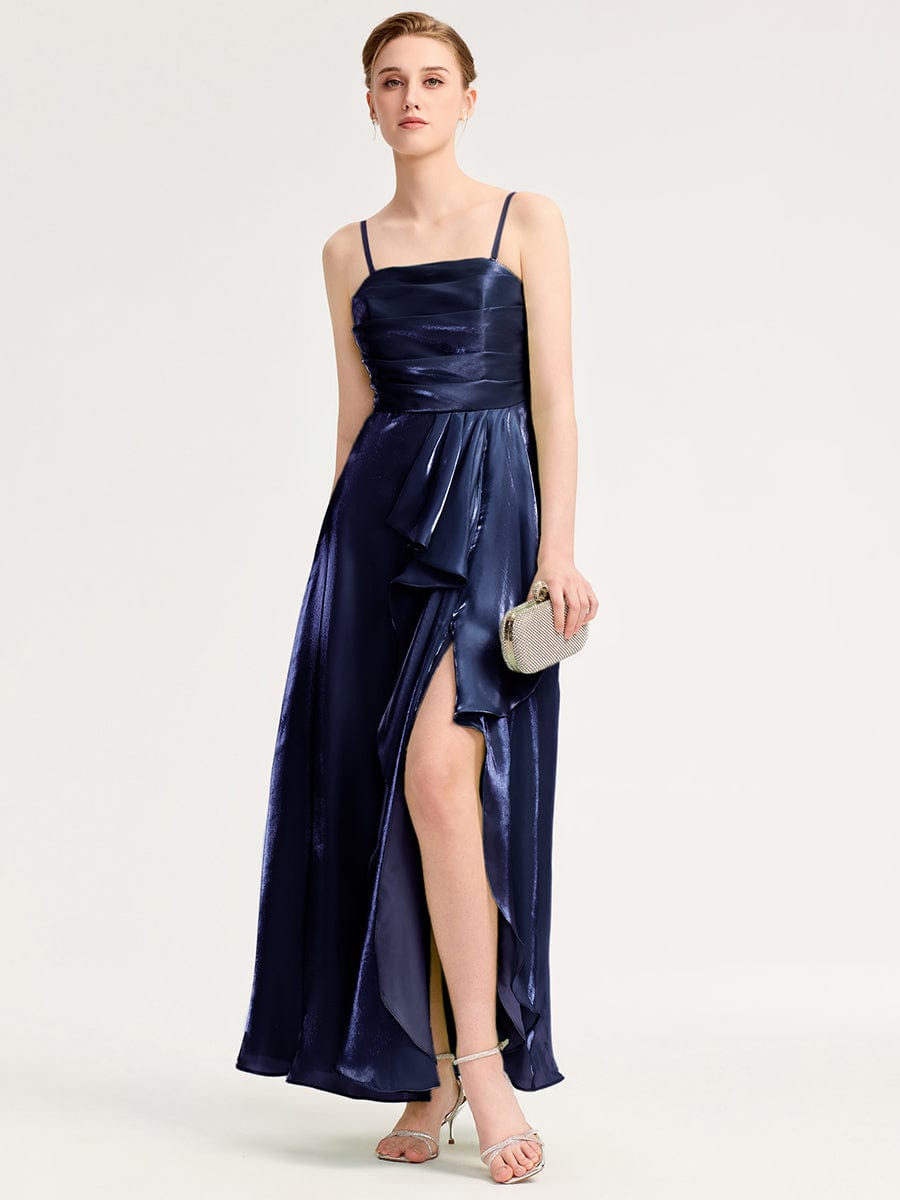 Slit Satin Sleeveless Evening Dresses #color_Navy Blue