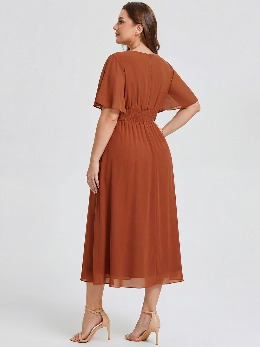 Plus Size Pleated Chiffon Ruffle Sleeve Midi Dress #color_Burnt Orange