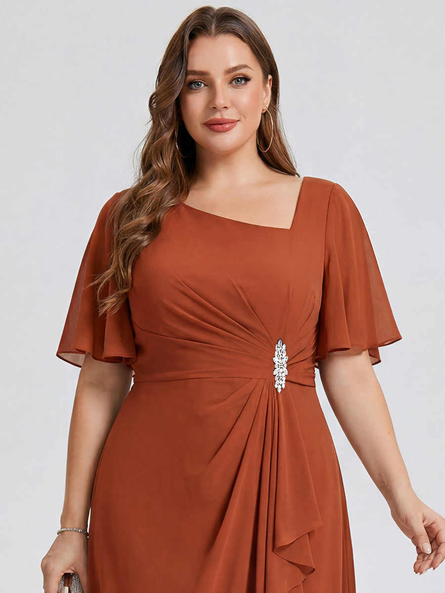 Plus Size Pleated Chiffon Ruffle Sleeve Midi Dress #color_Burnt Orange