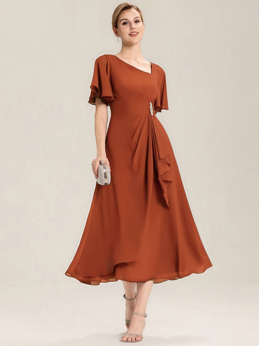 Plus Size Pleated Chiffon Ruffle Sleeve Midi Dress #color_Burnt Orange