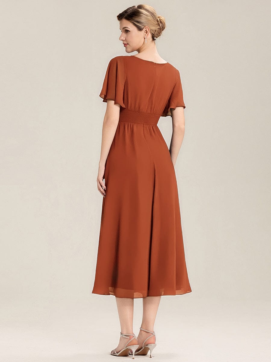 Plus Size Pleated Chiffon Ruffle Sleeve Midi Dress #color_Burnt Orange