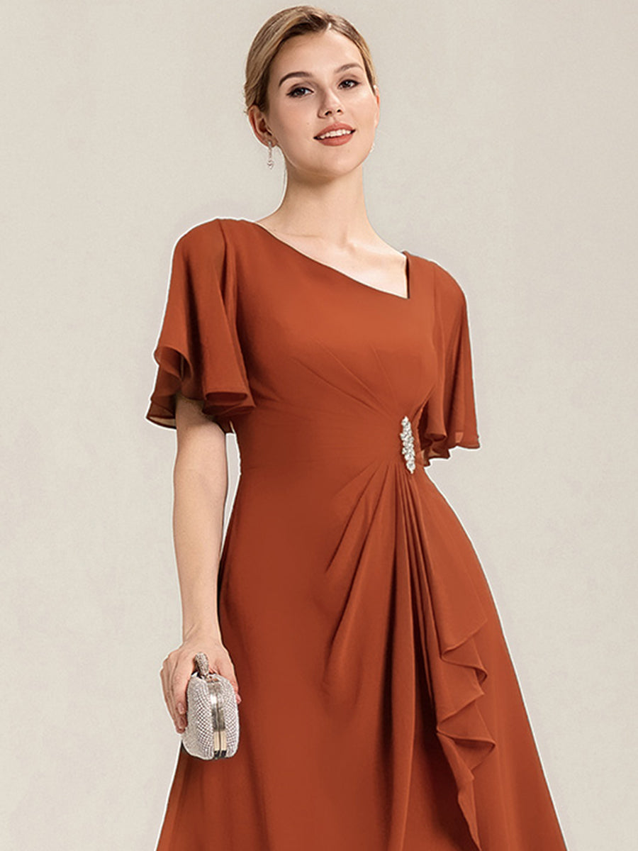 Plus Size Pleated Chiffon Ruffle Sleeve Midi Dress #color_Burnt Orange