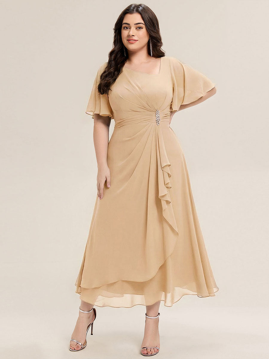 Pleated Chiffon Ruffle Sleeve Midi Dress #color_Champagne