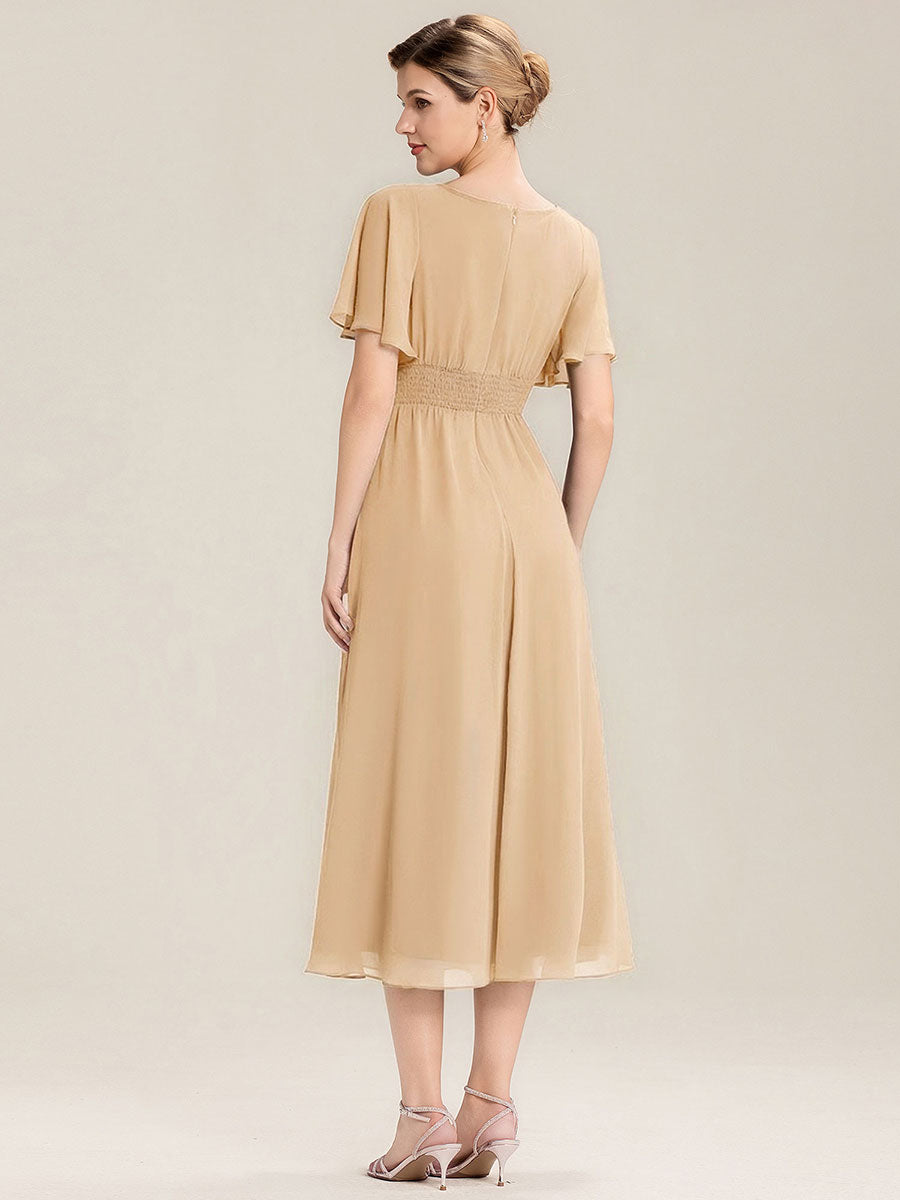 Pleated Chiffon Ruffle Sleeve Midi Dress #color_Champagne