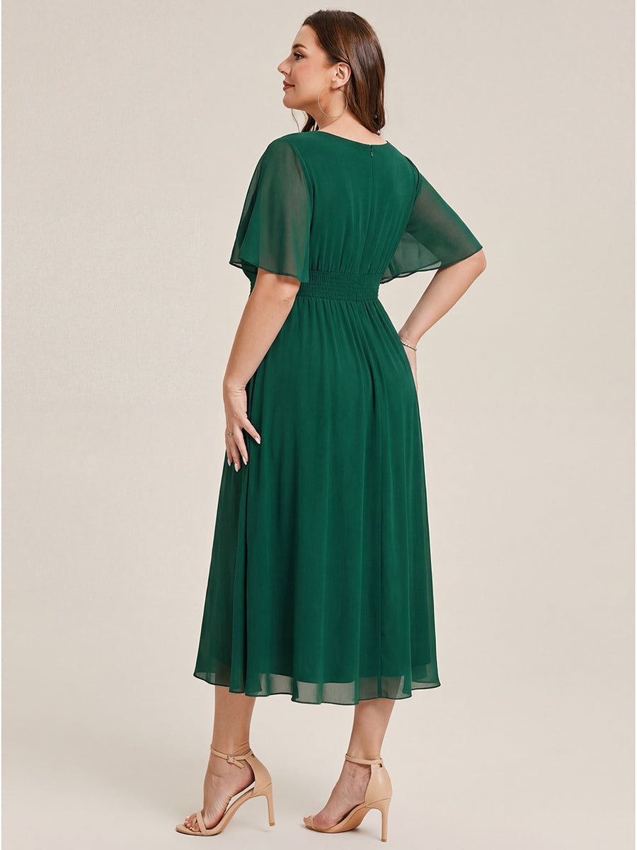Plus Size Pleated Chiffon Ruffle Sleeve Midi Dress #color_Dark Green