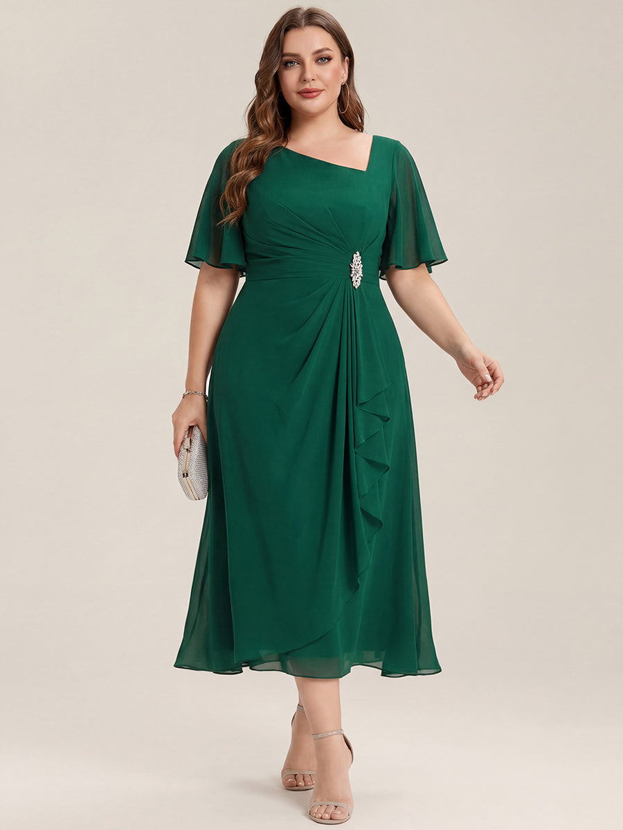 Plus Size Pleated Chiffon Ruffle Sleeve Midi Dress #color_Dark Green